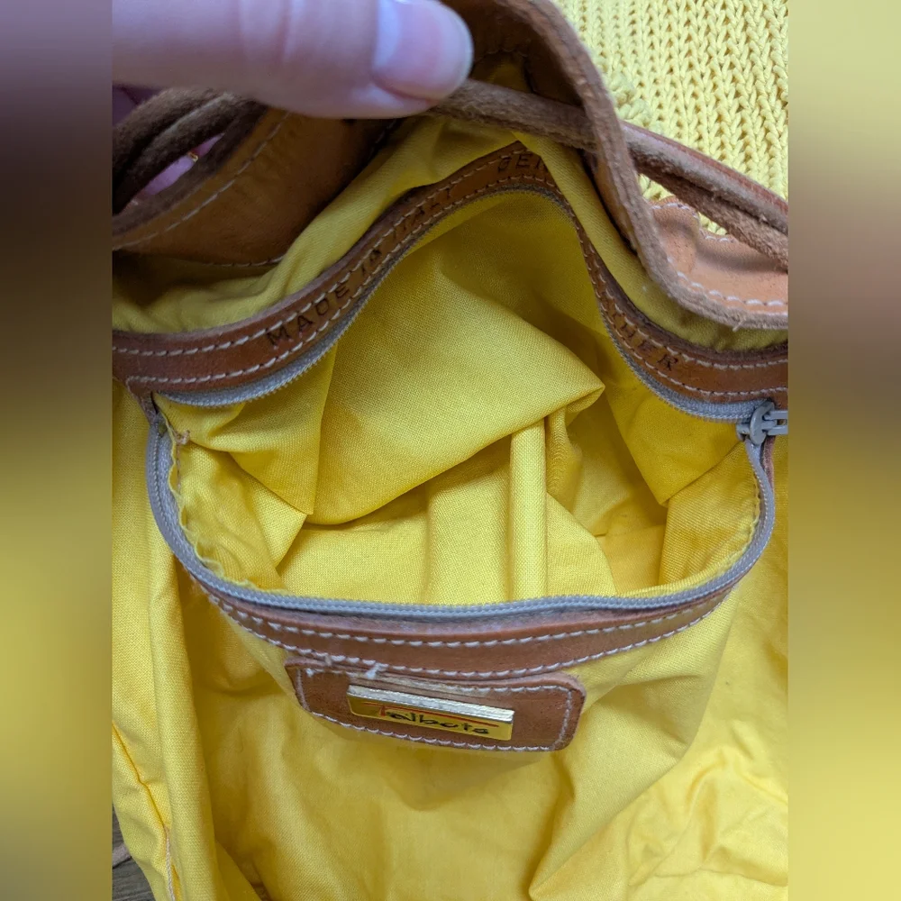 VTG Talbots Yellow Boho Woven Crochet Leather Drawstring Small Bucket Handbag